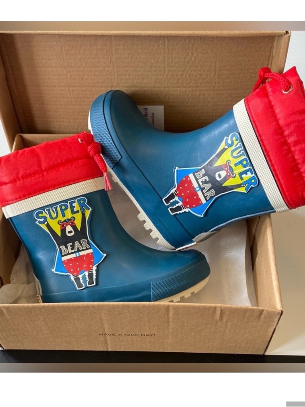 BORGAMES Blue Welly Boots Super Bear Toddler Size 6 ✨
